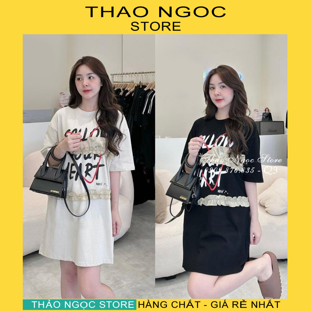 Đầm thun suông in chữ phối viền bèo form rộng!  THẢO NGỌC STORE