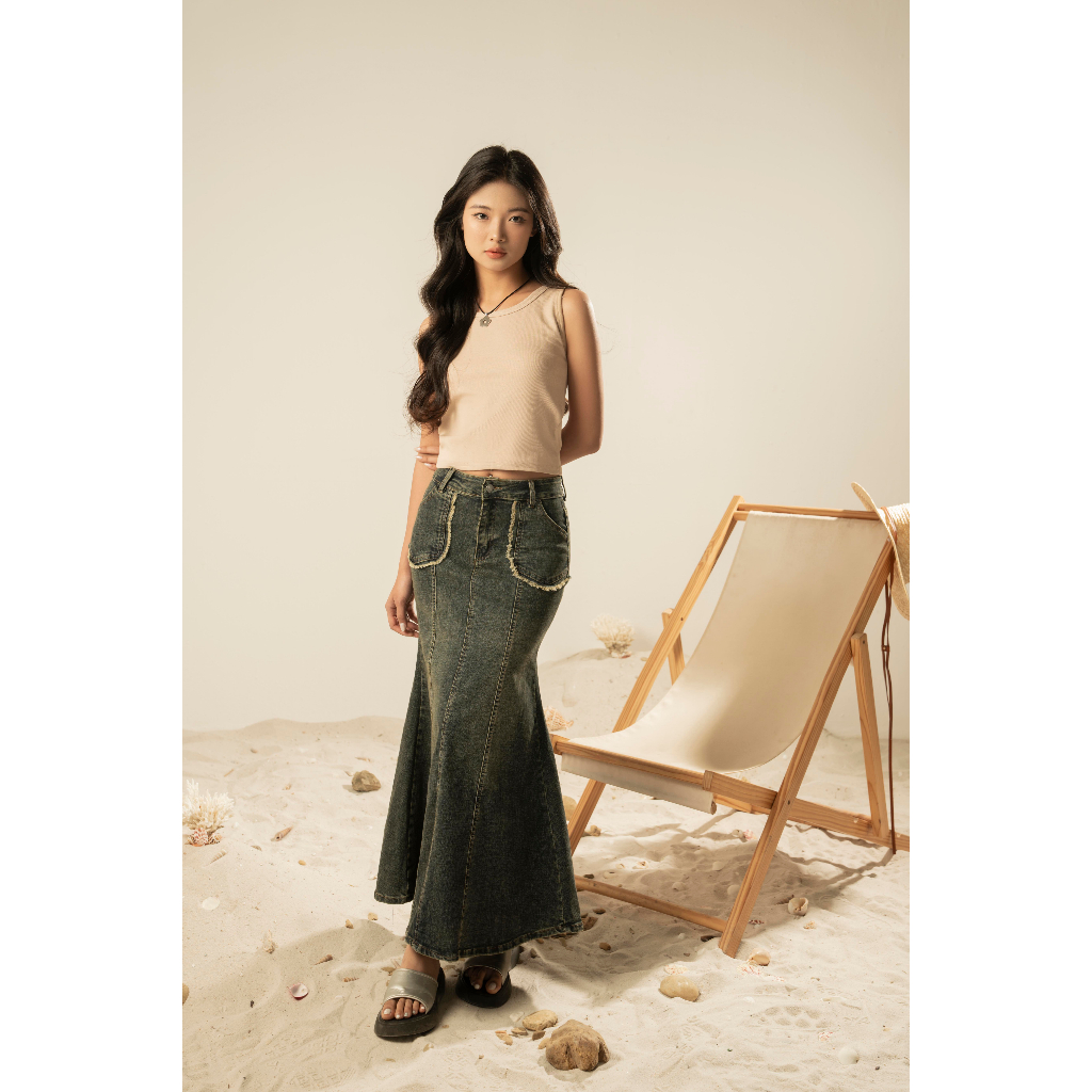 Chân váy jean dài, Chân váy đuôi cá vải denim co giãn phối túi tua rua cách điệu cá tính V02 - La'coba