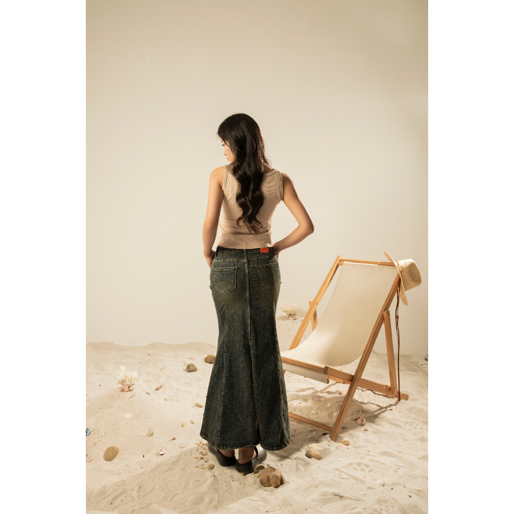 Chân váy jean dài, Chân váy đuôi cá vải denim co giãn phối túi tua rua cách điệu cá tính V02 - La'coba