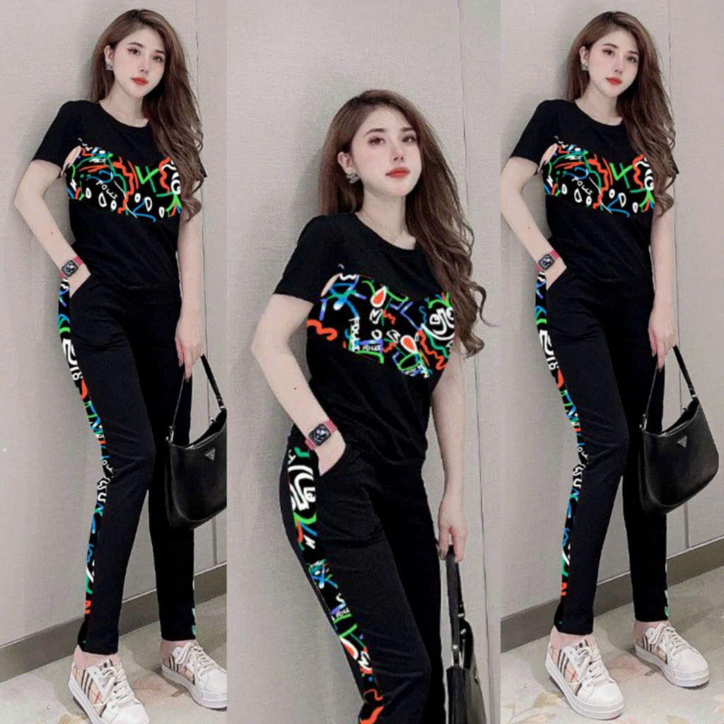 Bộ dài thể thao thun Cotton phối 3D thêu cao cấp phong cách trẻ trung cá tính fom rộng