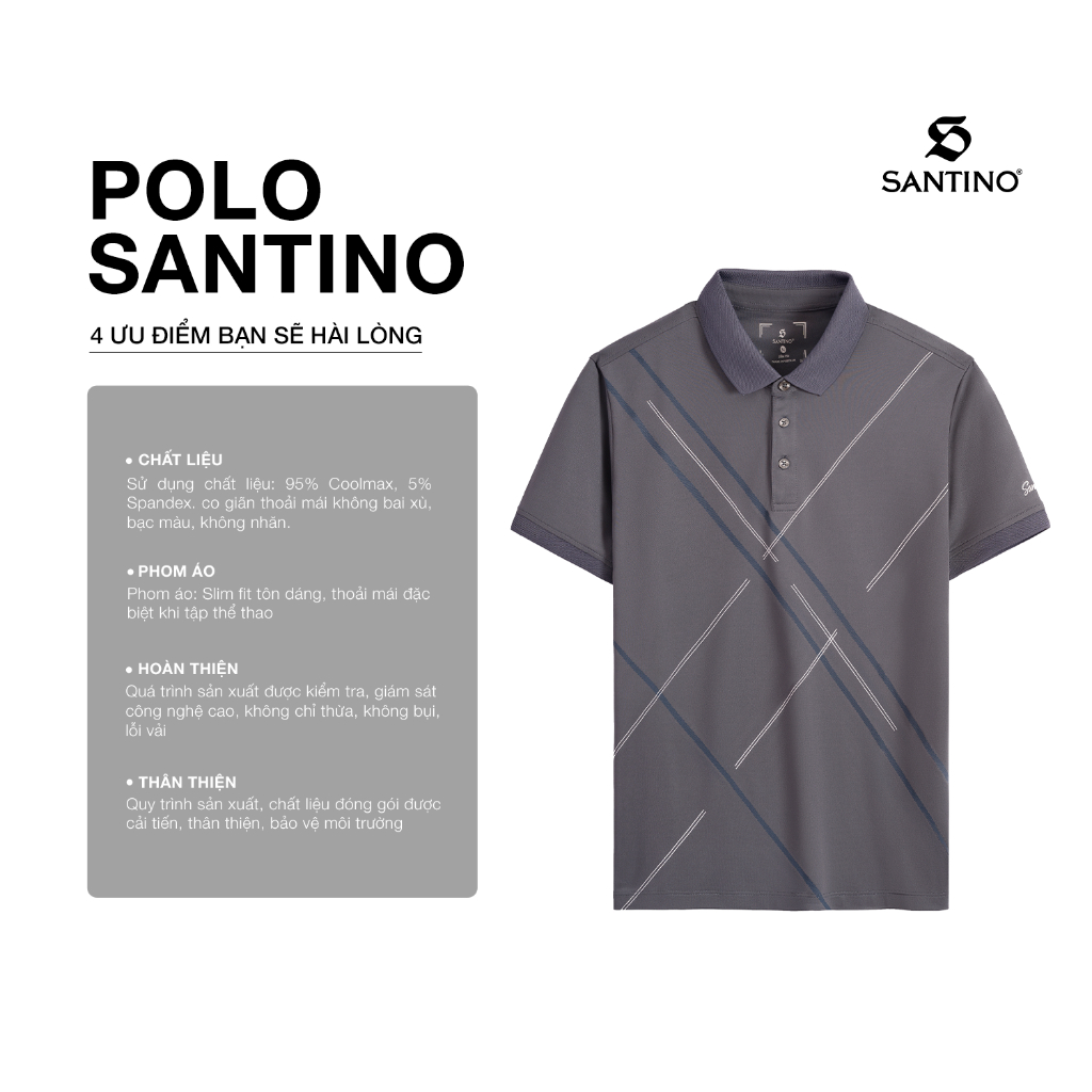 Áo Polo Nam Cổ Bẻ Hoạ Tiết Santino SlimFit, Vải Coolmax Thoáng Mát, Co Giãn Thoải Mái, Trẻ Trung Công Sở B609