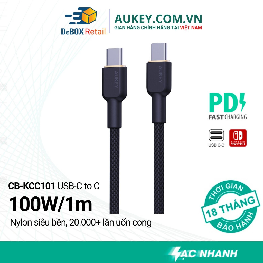 Cáp AUKEY CB-KCC101/ KCC102 USB C to C Hổ trợ Sạc nhanh PD 100W dài (1m/1.8m) Bọc nylon lõi Kevlar - Hàng Chính Hãng
