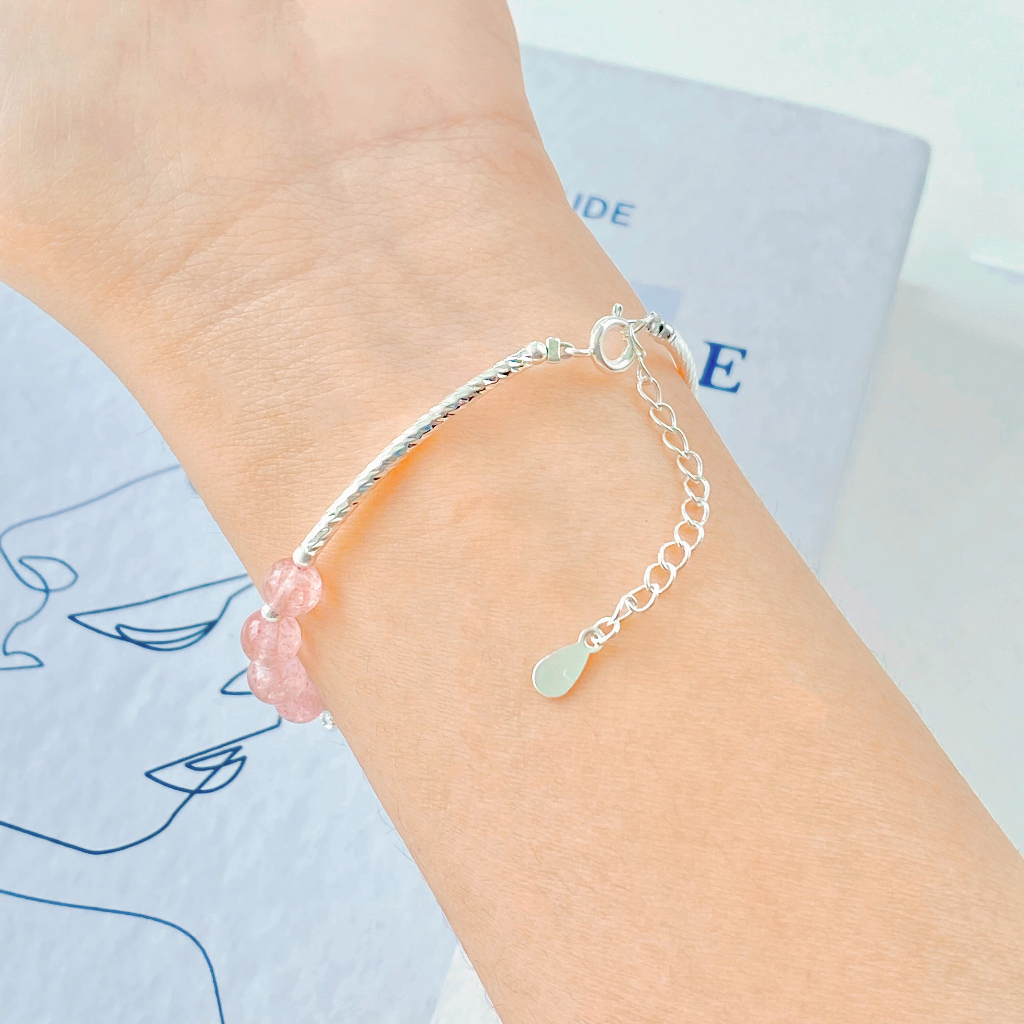 Vòng tay bạc năng lượng thạch anh dâu mix đá mặt trăng dành cho nữ thu hút may mắn, tình duyên freesize KC01