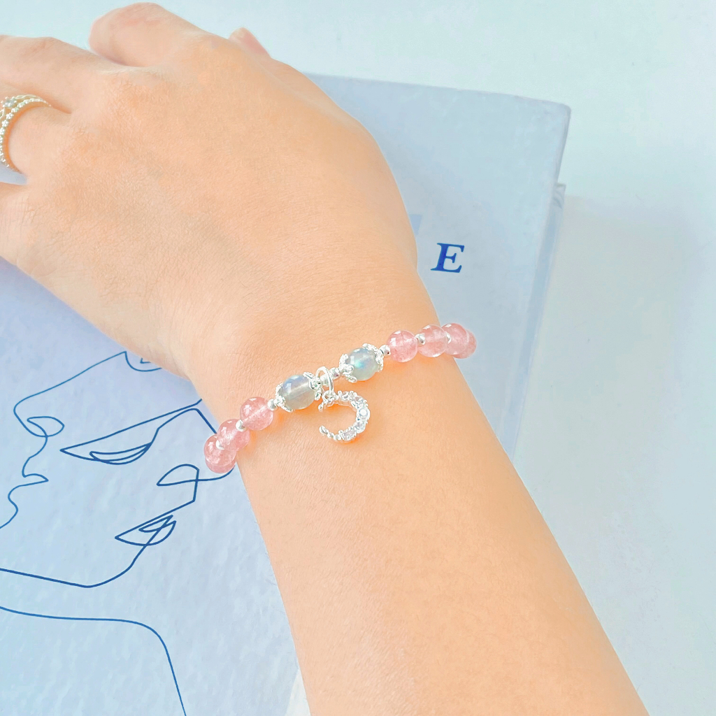 Vòng tay bạc năng lượng thạch anh dâu mix đá mặt trăng dành cho nữ thu hút may mắn, tình duyên freesize KC01