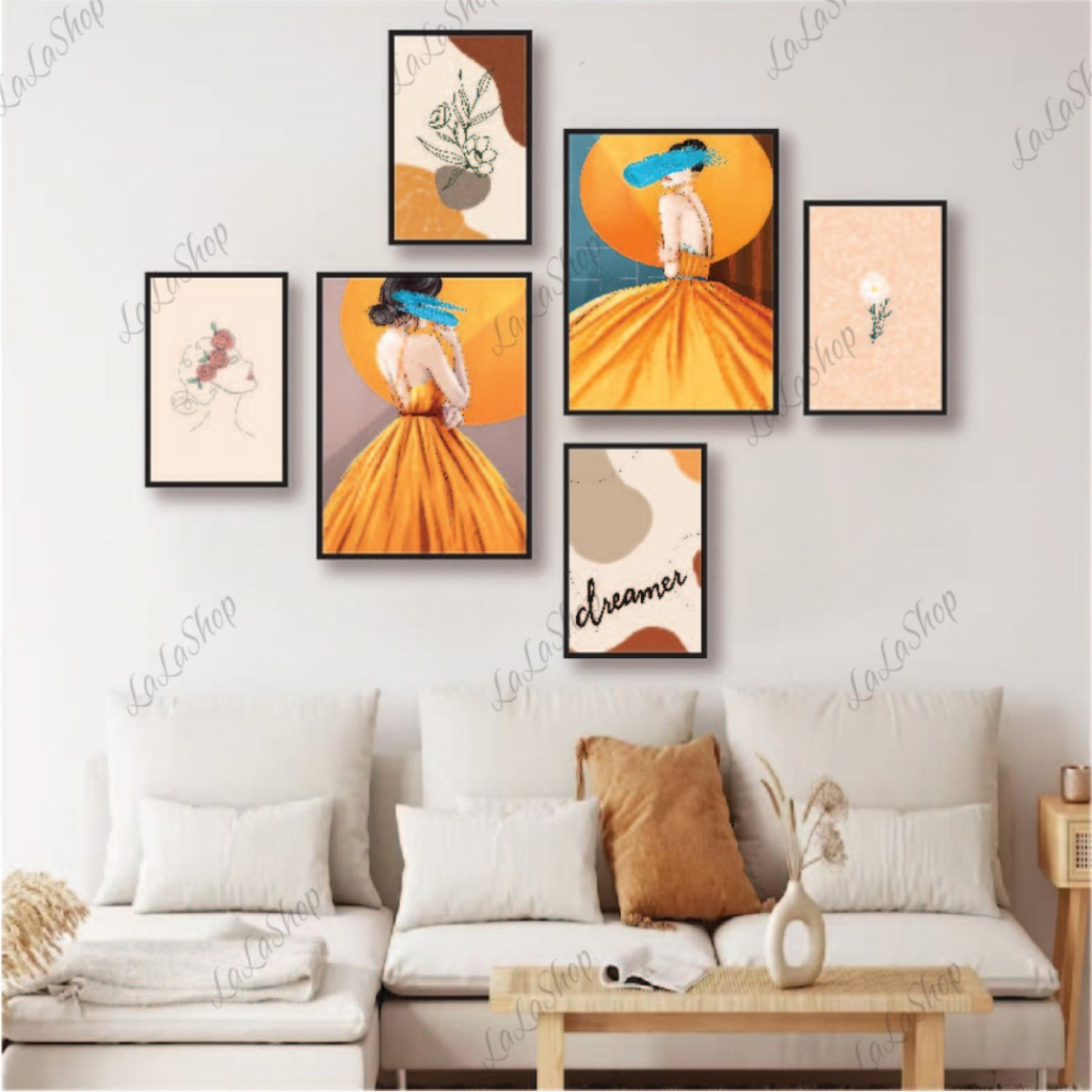 Set 6 tranh dán tường có keo sẵn siêu nhẹ decor phòng khách, phòng ngủ, tranh treo tường đa dang chủ đề trang trí Lala