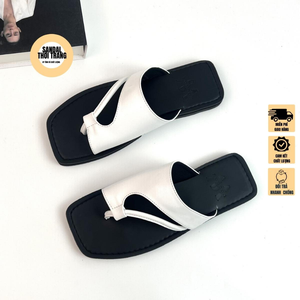 Dép xỏ ngón mũi vuông bassic, Sandal đi biển nữ nam Trắng/Nâu/Đen/Kem