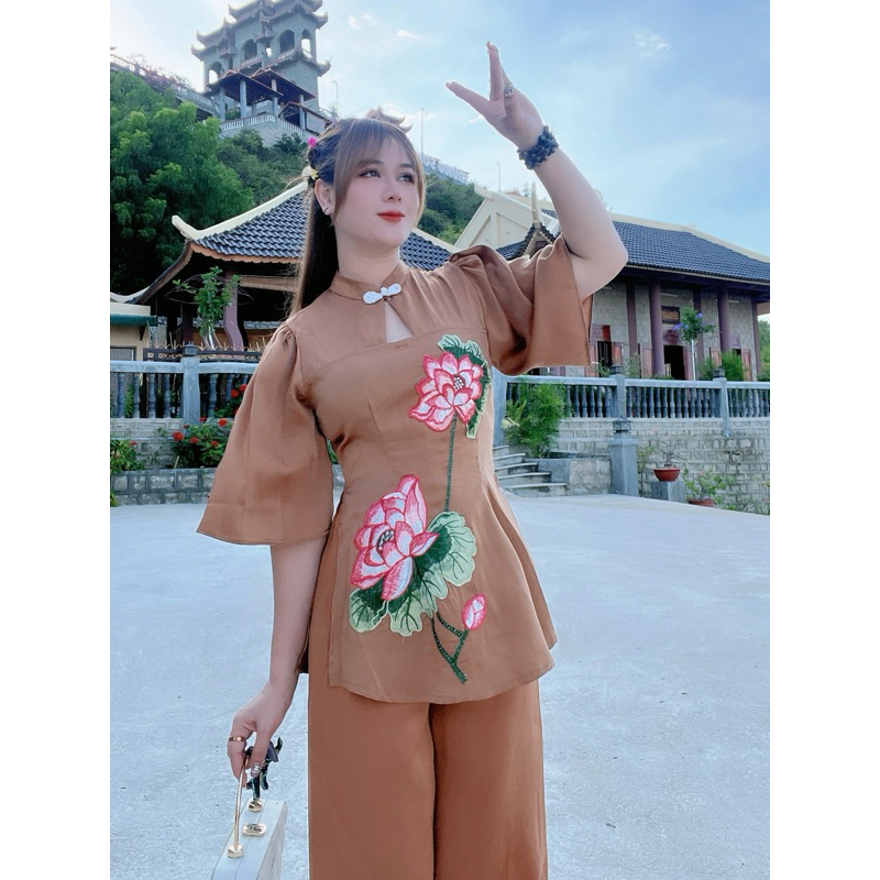 SD267 - Set đồ bộ chơi hè, du lịch, bộ bà ba đi lễ chùa, set LAM KHOÉT TAM GIÁC HOA SEN THÊU đẹp dễ thương
