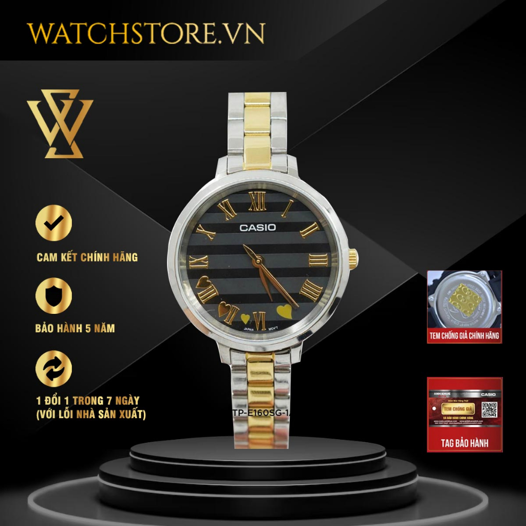 Đồng Hồ Quartz Nữ Casio WATCHSTORE LTP-E160SG-1ADF Thiết Kế Kính Khoáng 30mm, Dây Kim Loại, Vỏ Thép Không Gỉ