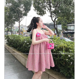 Đầm Babydoll thời trang nữ, đầm 2 dây có đinh hoa bo chun ngực chất vải caro xốp đẹp.
