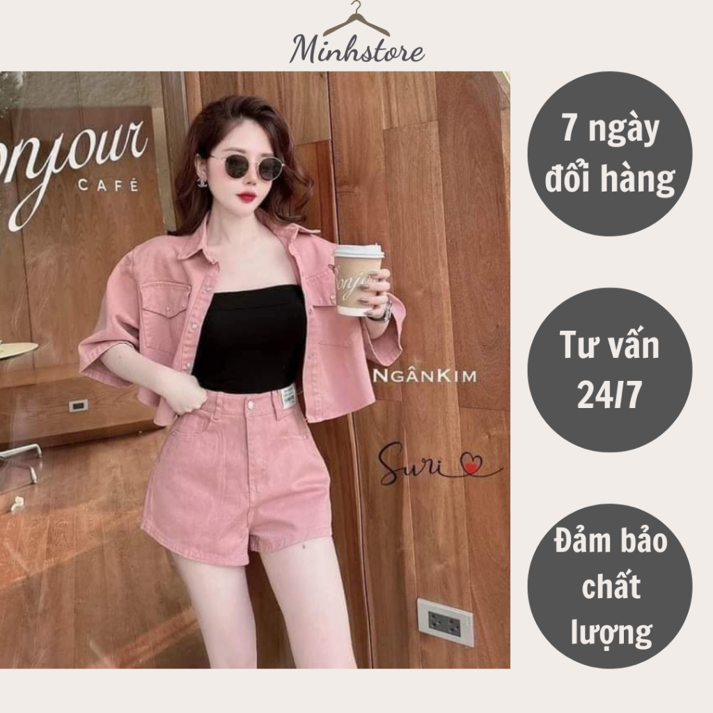 Set áo bò quần đùi màu hồng hàng thiết kế thời trang cao cấp chất liệu xịn kèm áo bra đen không dây _ Minh Store