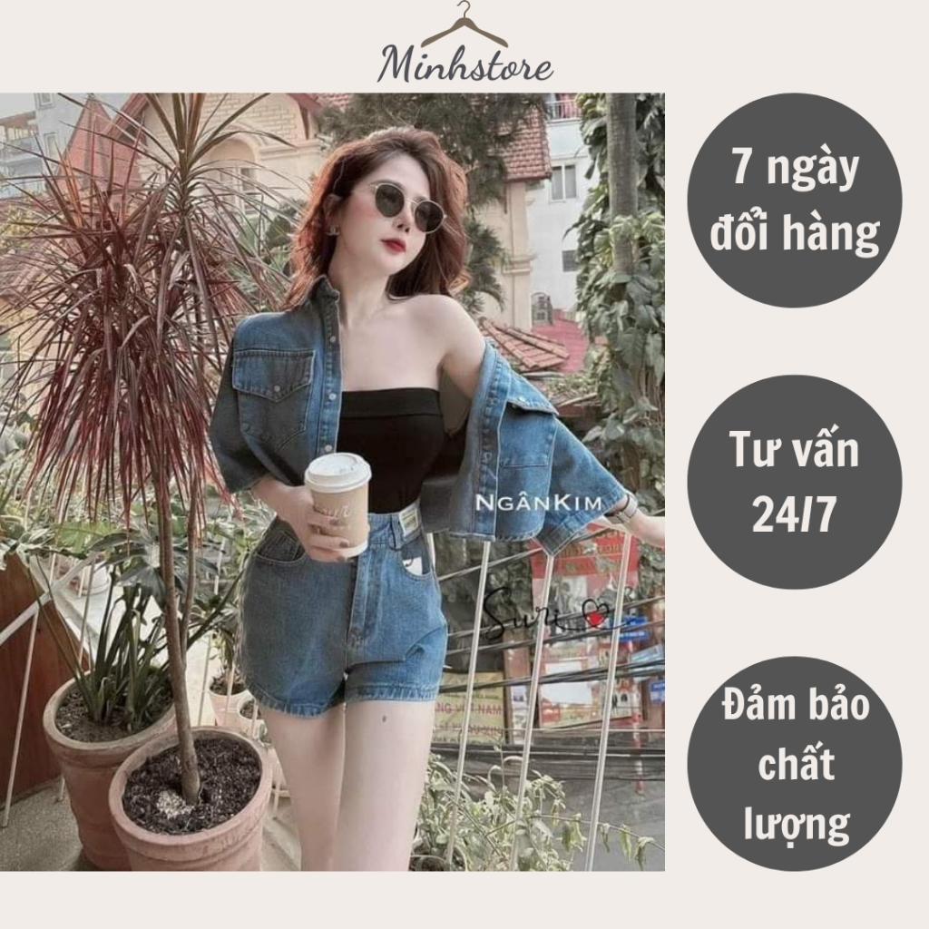 Set áo bò quần đùi màu xanh croptop + áo bra đen quây ngực hàng thời trang thiết kế cao cấp _ Minh Store