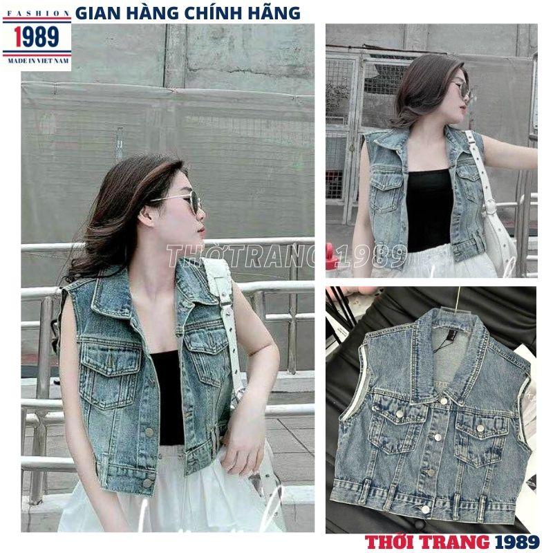 Áo khoác gile bò croptop mầu xanh đậm -áo khoác jeans bò nữ kiểu dáng hàn quốc ,trẻ chung năng động , khỏe khắn -1989