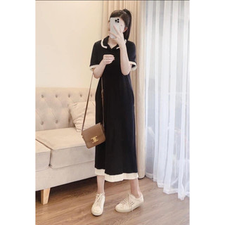 Đầm Polo Dáng Suông Cổ Sen Phối Viền Bèo Sang Chảnh Dáng Dài Hàn Quốc