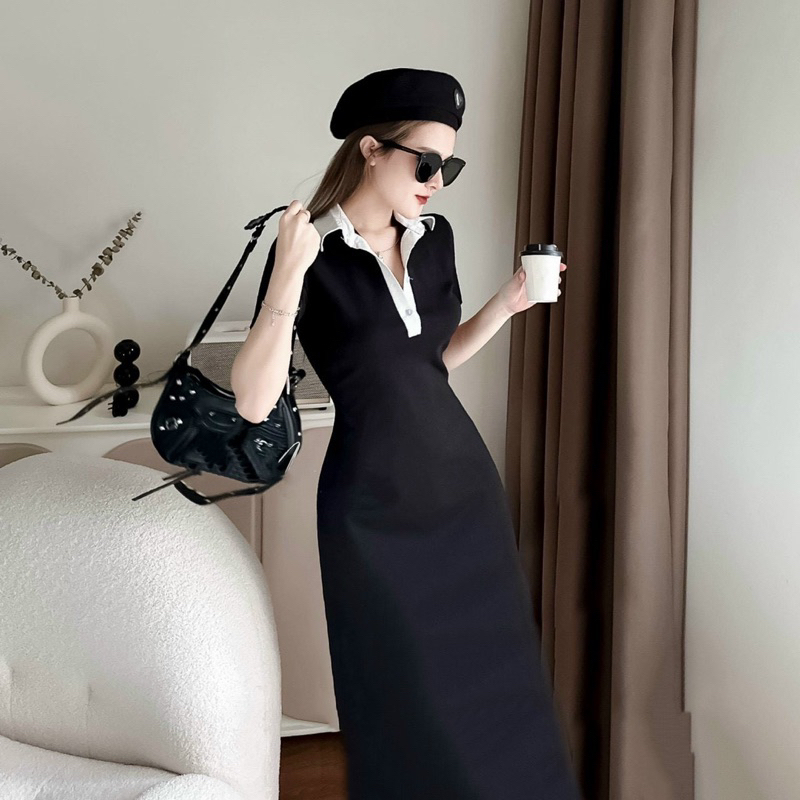 Đầm basic cổ polo viền trắng tôn dáng đi làm đi chơi