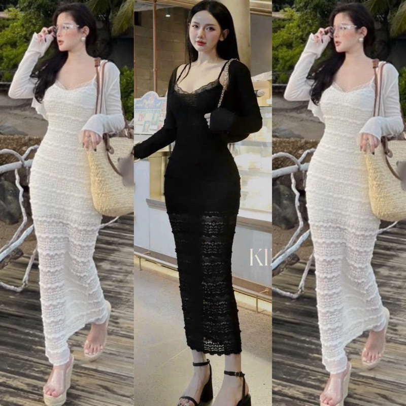 Đầm maxi dáng dài body xòe đuôi cá vải ren hai lớp kèm áo khoác cadigant siêu mát đi dự tiệc đi chơi