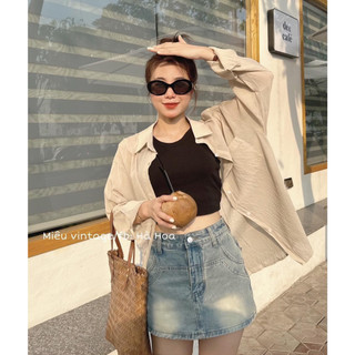 Quần shorts jeans giả váy lưng cao, quần giả váy cạp cao