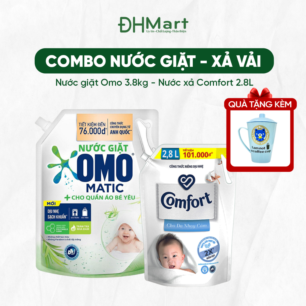 Combo túi nước giặt Omo Matic Baby 3.6kg và Nước xả vải Comfort cho da nhạt cảm túi 2.8L (Tặng kèm 1 cốc nhựa có nắp)
