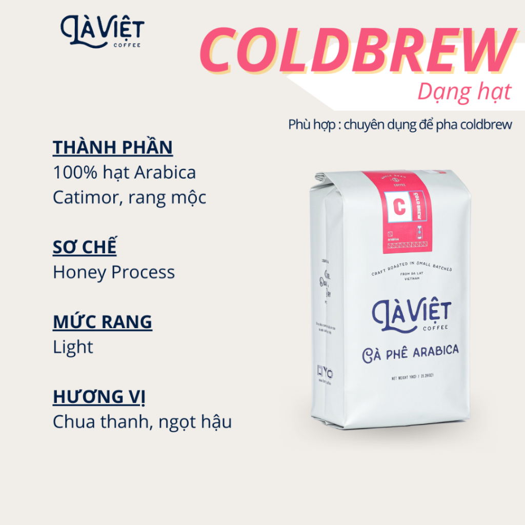 Cà Phê Nguyên Hạt LÀ VIỆT Cold Brew 100% Arabica 1kg Vị Trái Cây Thanh Nhẹ