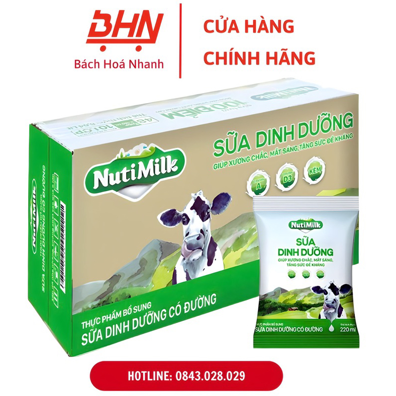 Thùng Sữa Nutimilk 220ml - CÓ ĐƯỜNG (48 Gói)