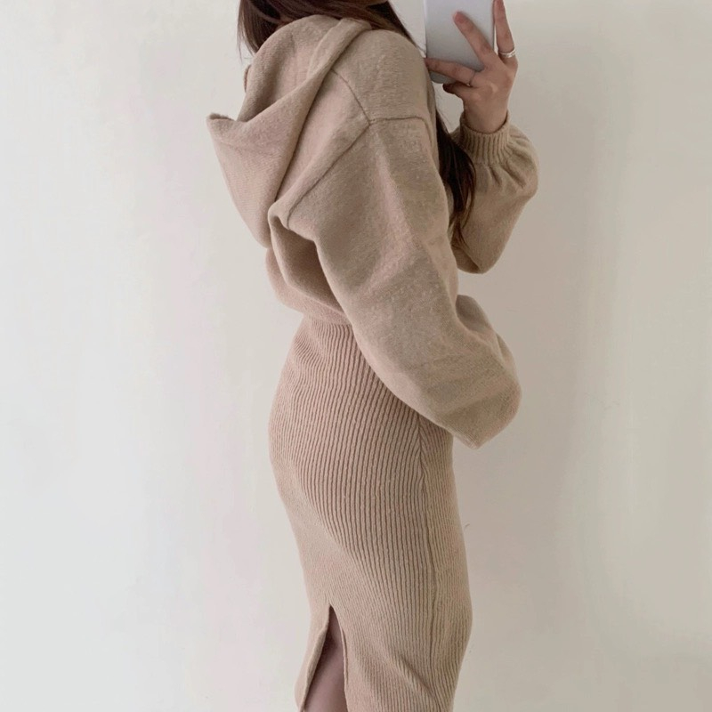 (ORDER) Váy len dệt kim có mũ form thụng, ôm mông gợi cảm dáng dài style Hàn Quốc