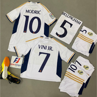 Bộ quần áo bóng đá Real Madrid trắng JP2024 in tên số cầu thủ- font Real mới