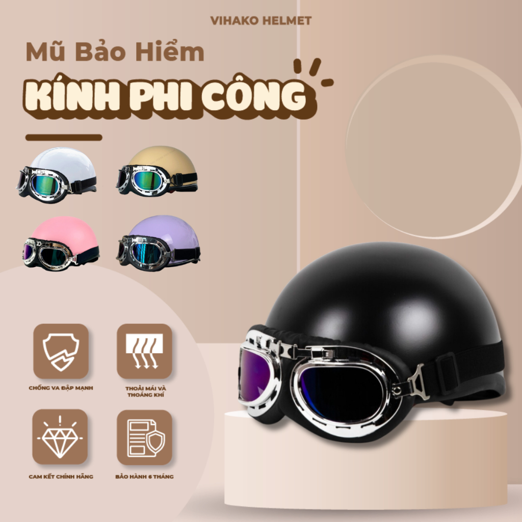 Mũ bảo hiểm Vihako helmet kính phi công, nón nửa đầu 1/2 kính uv chính hãng trơn, nhiều màu, nam nữ học sinh sinh viên