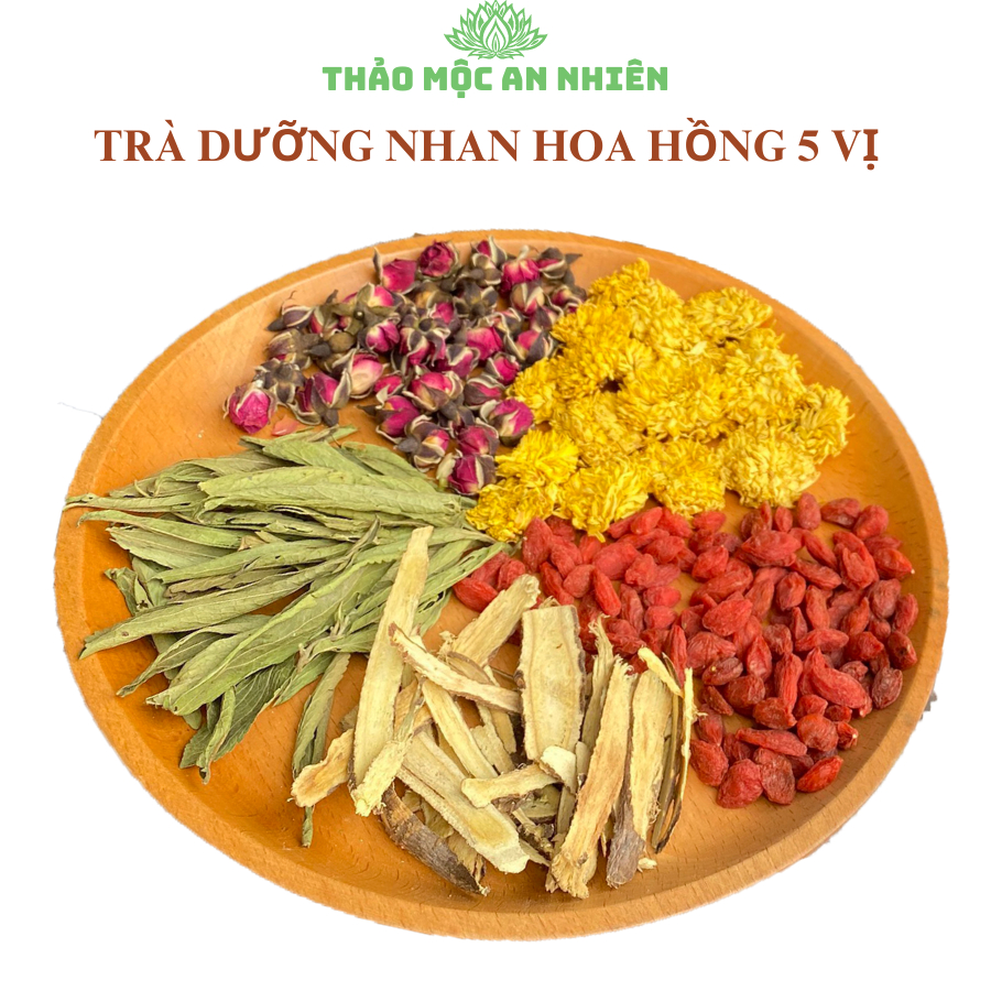Trà dưỡng nhan hoa hồng 5 vị thảo mộc (cam thảo, kỉ tử, hoa cúc, hoa hồng, cỏ ngọt) thanh nhiệt giải độc,mát gan,đẹp da
