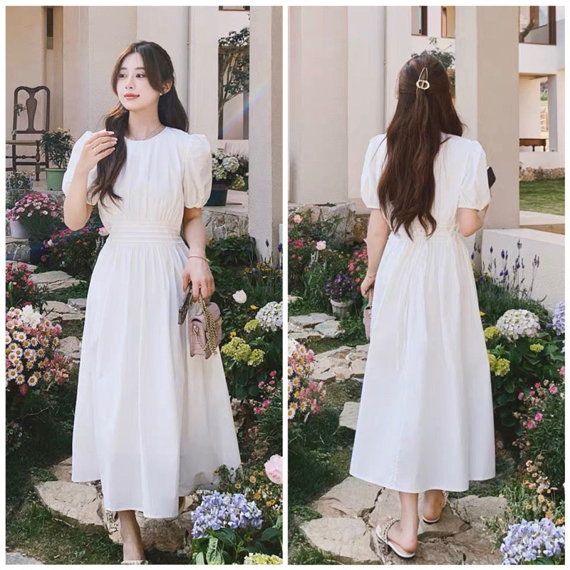 Đầm trắng cổ tròn xếp li eo - váy công chúa (kèm hình thật)