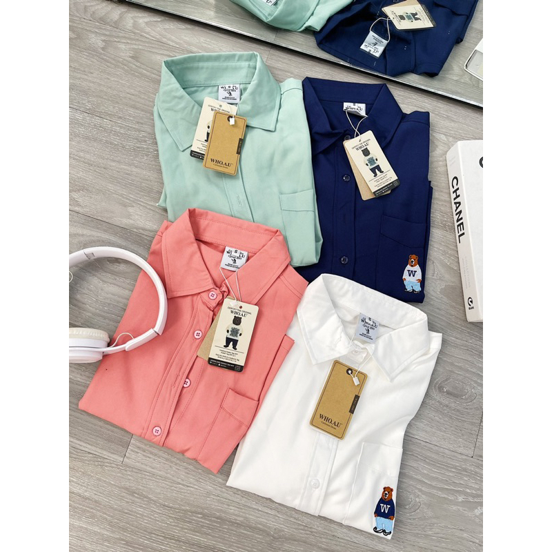 Áo Sơ Mi Form Lửng Trơn Thêu Gấu Whoau