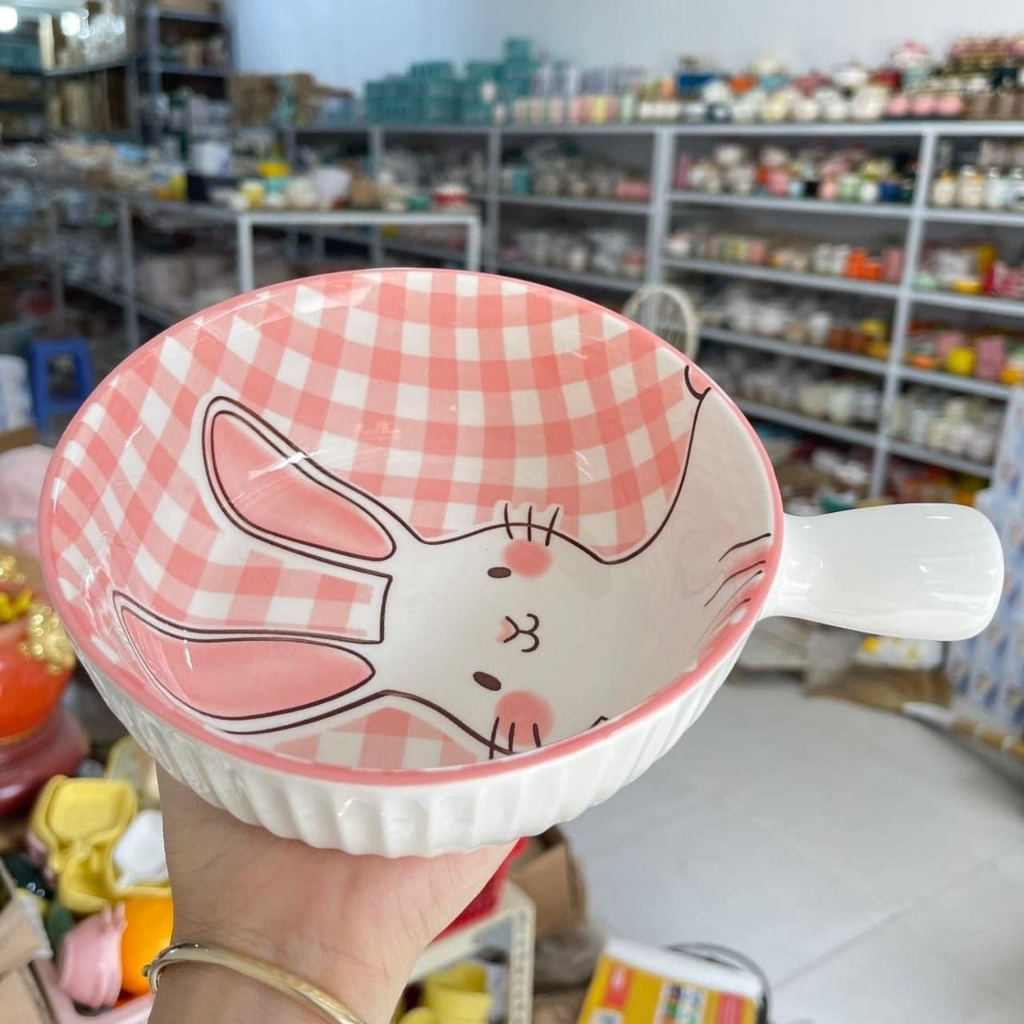 Bộ Bát Đĩa Sứ Thỏ Hồng Dễ Thương, Bát Ăn Cơm, Chén Đĩa Gốm Sứ Decor Họa Tiết Đáng Yêu