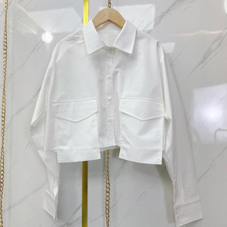Áo sơ mi dài tay dáng croptop Lilutastore, Sơ mi trắng có 2 túi ngực A09
