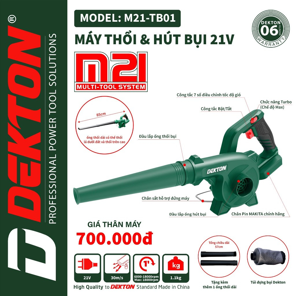 MÁY HÚT THỔI BỤI PIN SỬ DỤNG CHÂN PIN PHỔ THÔNG DEKTON M21-TB01
