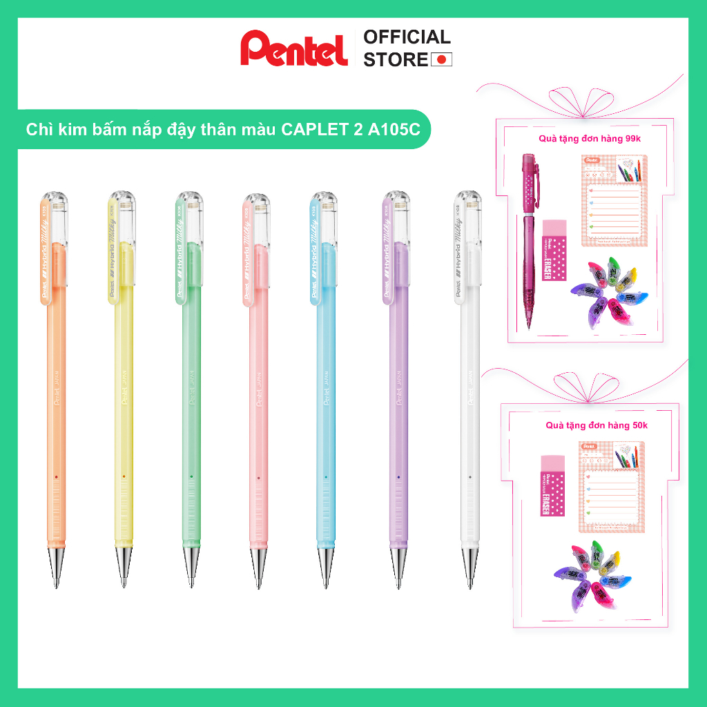 Bút Gel màu Pastel phát quang 0.8mm nhiều màu Pentel K108-P | Bút Hybrid Milky Pentel 7 màu mực