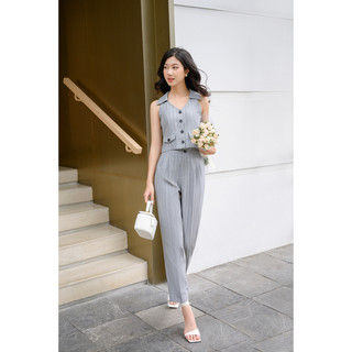 Set áo sát nách nối quần ống đứng kẻ ghi YOONA - YH14B252