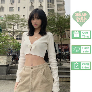 Áo Kiểu Tay Dài Áo Croptop và cột dây yếm đẹp Ôm Màu Trắng Basic Co Giãn Cột Nơ Năng Động Trendy Sugarbomb.mode