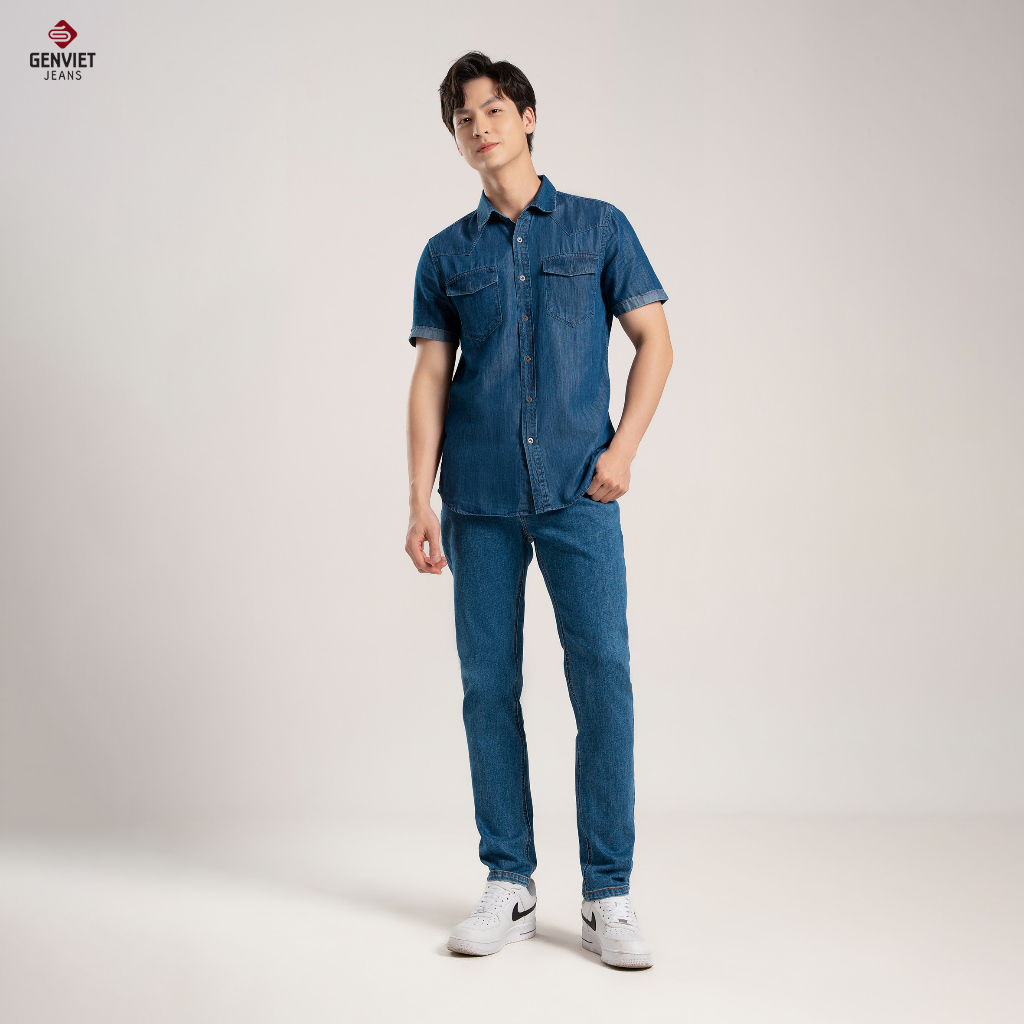 Áo Sơmi Cộc Tay Jeans Nam Suông Vừa T3321J8196 GENVIET