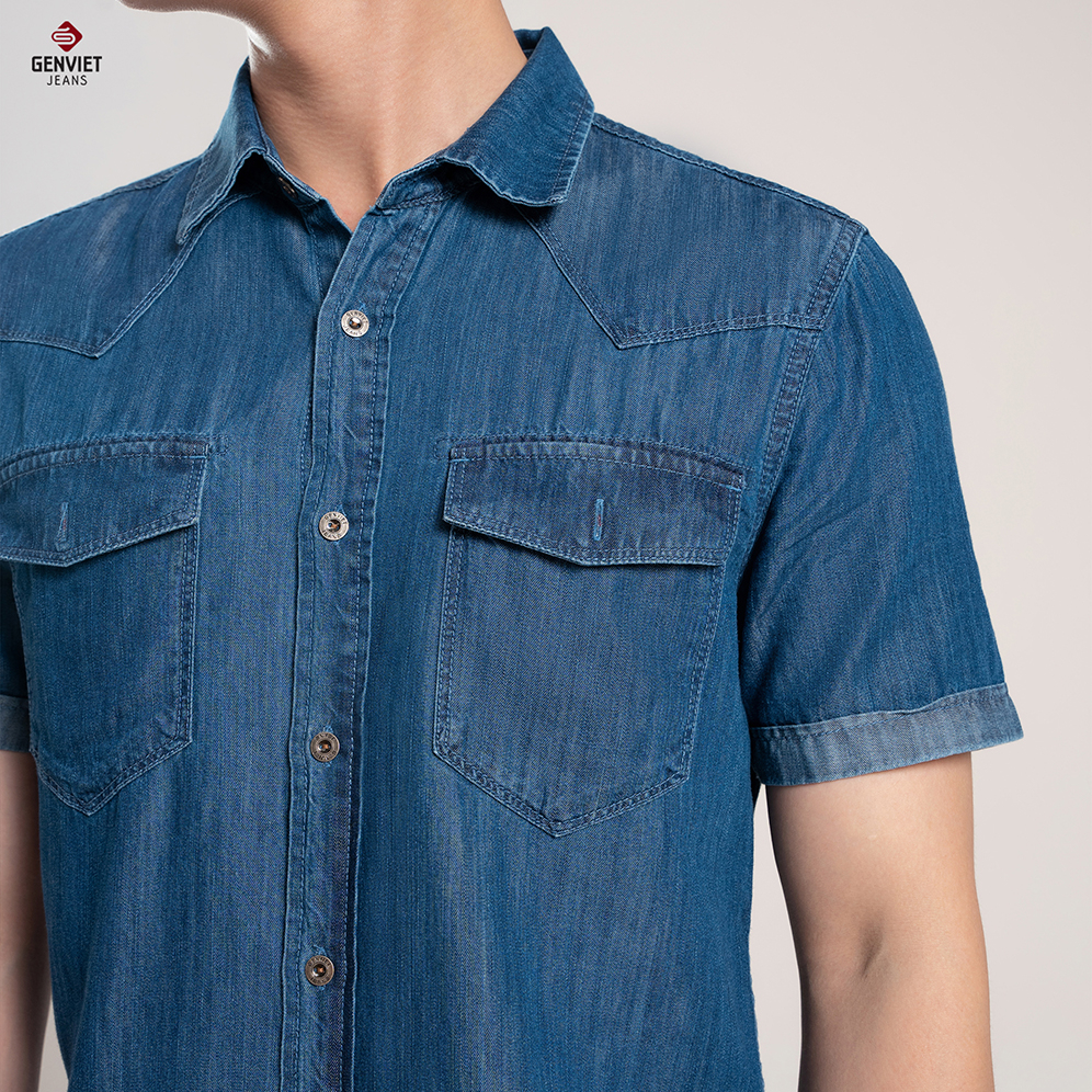 Áo Sơmi Cộc Tay Jeans Nam Suông Vừa T3321J8196 GENVIET