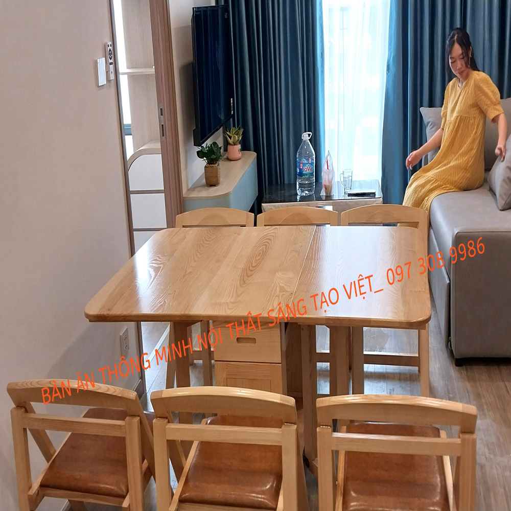 Bàn ăn thông minh 4 chân gạt màu sồi tự nhiên, vân được tuyển chọn đẹp, gỗ thịt sồi Nga 100%, bảo hành 3 năm