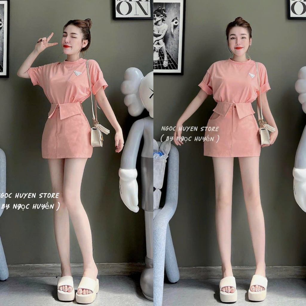 Set bộ đồ nữ áo thun mix chân váy kaki bẻ gập lai cuốn với tone màu hồng xinh xắn siêu hot dành cho các tình yêu