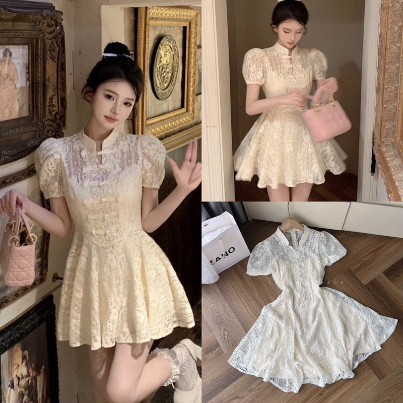 Đầm gấm trắng cổ tàu
