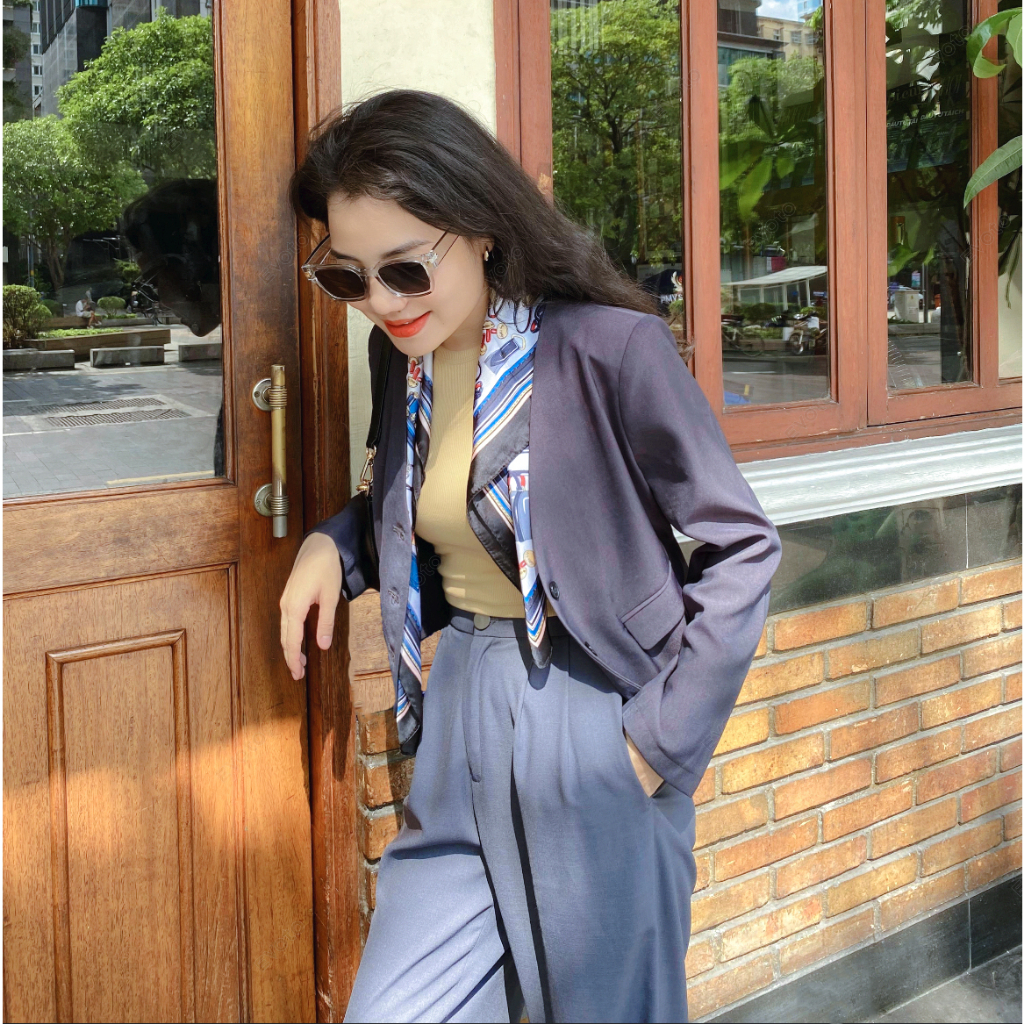 Áo blazer nữ áo vest nữ không cổ Khàn xám croptop trẻ trung thanh lịch công sở tay dài 1 lớp phong cách Hàn Quốc