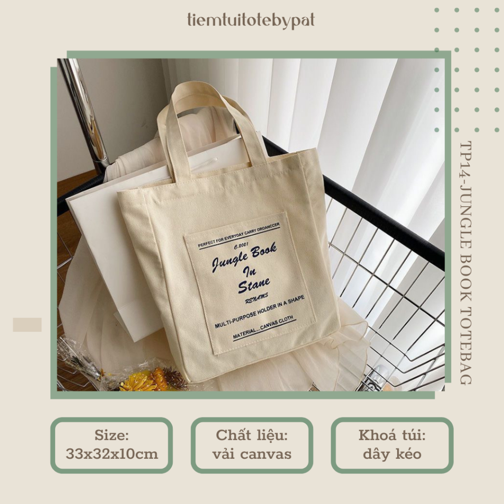 Túi vải canvas thêu Jungle Book In Stane có túi con bên ngoài vừa laptop TP14 | tiemtuitotebypat