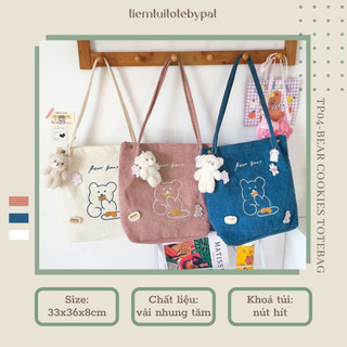 Túi tote vải nhung tăm họa tiết thêu gấu bánh cookies màu sắc cực trend TP4 | tiemtuitotebypat