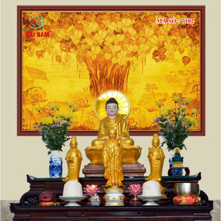 Tranh dán tường 3D in hình trúc chỉ cây bồ đề khổ lớn - vải lụa kim tuyến