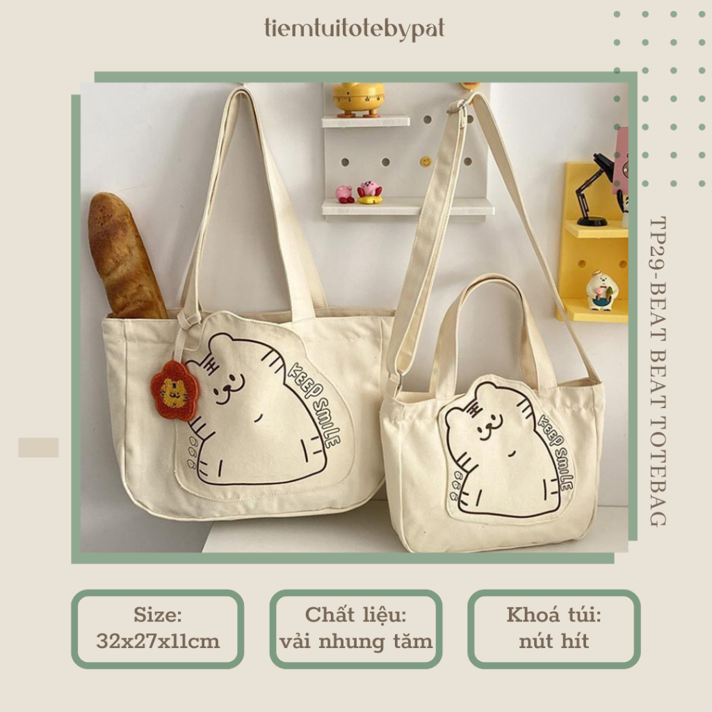 Túi vải đeo vai và đeo chéo in Keep Smile có dây kéo TP30 | tiemtuitotebypat