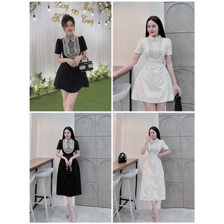 SP020071 (dài) - SP020072 (ngắn) ĐẦM GẤM TRẮNG CỔ SƠ MI PHỐI REN HOA KIM SA ✨🌺✨