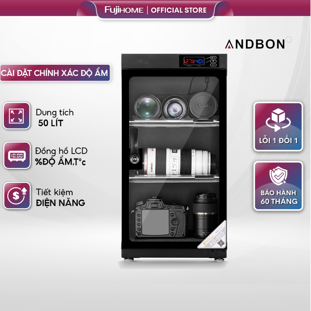 Tủ chống ẩm máy ảnh 50 Lít điện tử tự động ANDBON nhập khẩu, hộp hút ẩm 50L Dry Cabinet