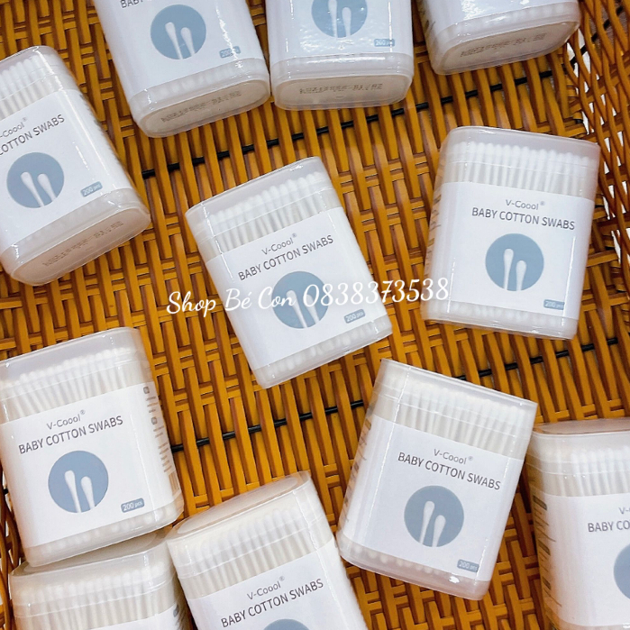 Tăm bông trẻ em Vcool kháng khuẩn ( hộp 200 que lõi giấy) cho bé sơ sinh ngoáy tai, mũi