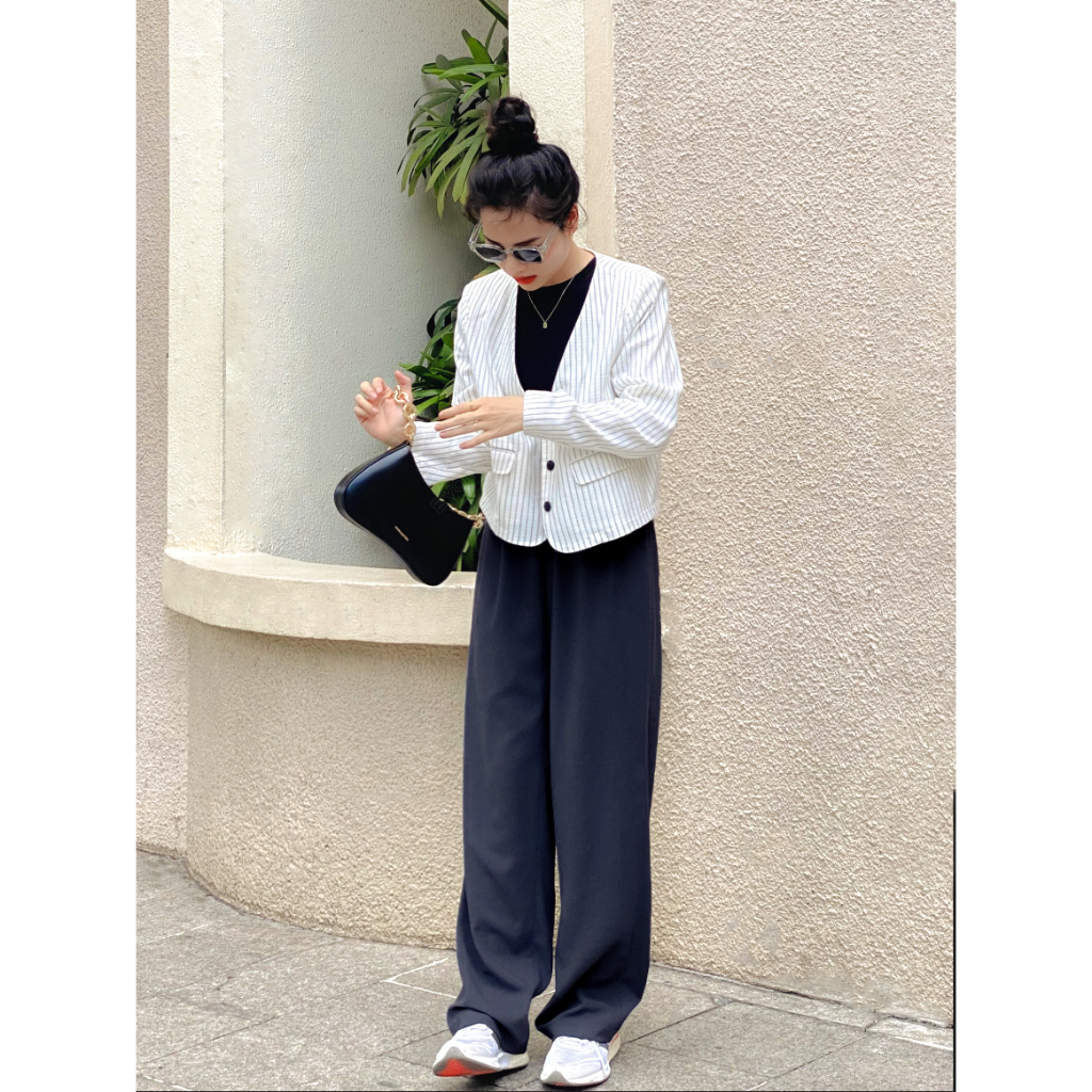 Áo blazer nữ áo vest nữ không cổ Khàn trắng sọc croptop trẻ trung thanh lịch công sở tay dài 1 lớp phong cách Hàn Quốc