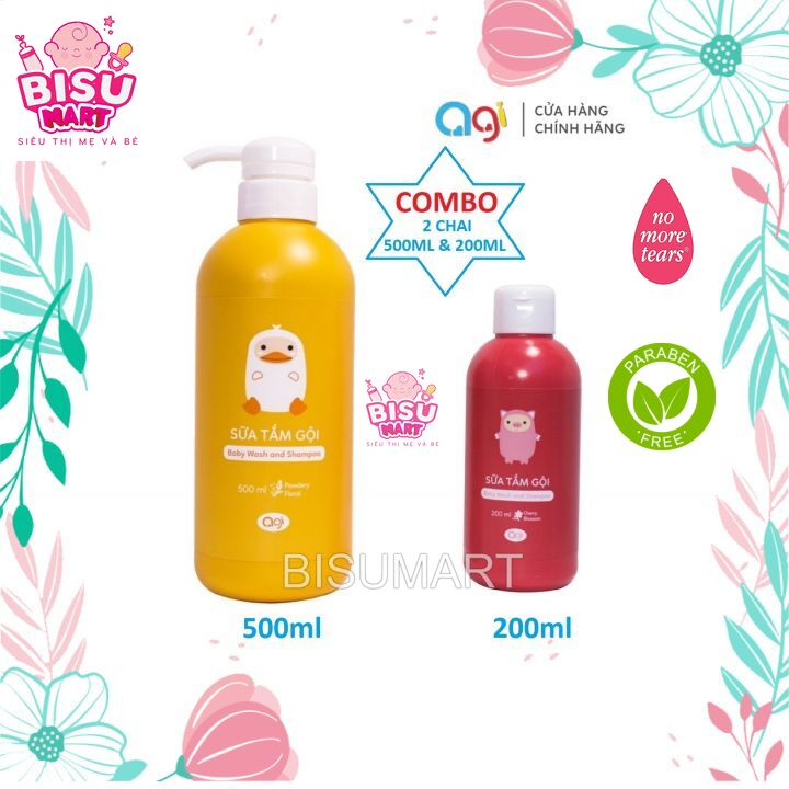 Combo 2 chai Sữa tắm gội Agi 2 in 1 200ml - 500ml